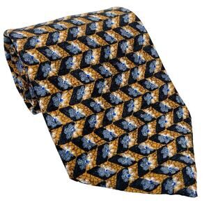 ERMENEGILDO ZEGNA Silk Tie 55” x 3-5/8” White Blue Flower on Gold Black NWT